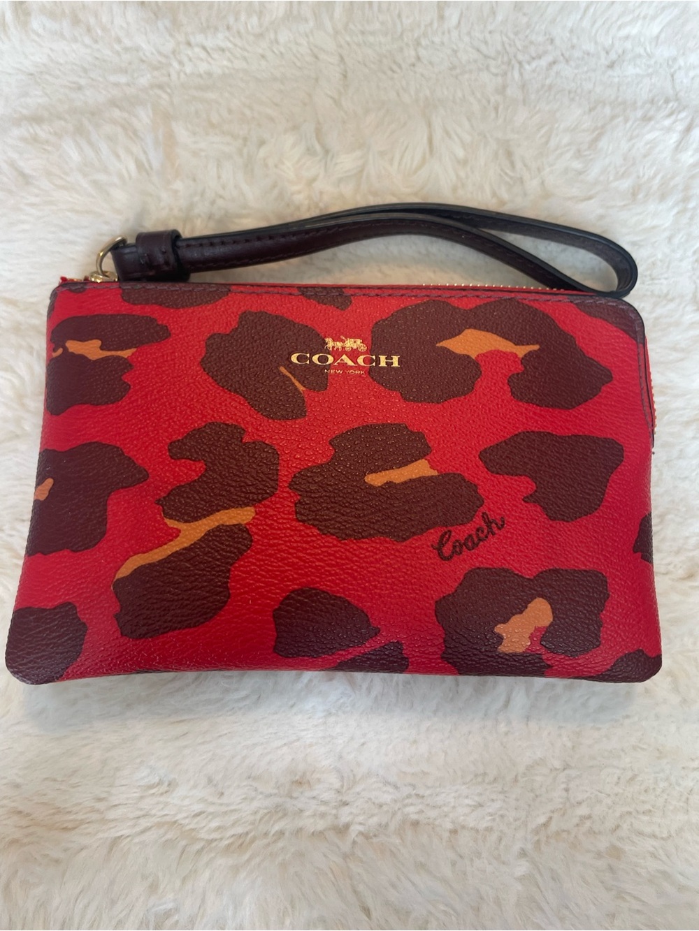 Coach Red Leopard Print Wristlet Clutch with Brown Accents
